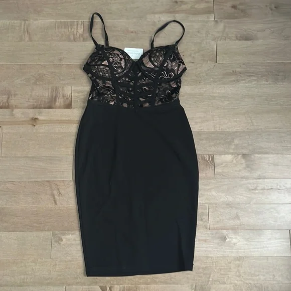 Windsor | Dresses | Nwt Black And Nude Bodycon Dress With Lace Top |  Poshmark